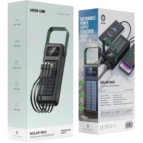 پاوربانک گرین لاین مدل Solar Max ظرفیت 30000 میلی‌آمپر ساعت